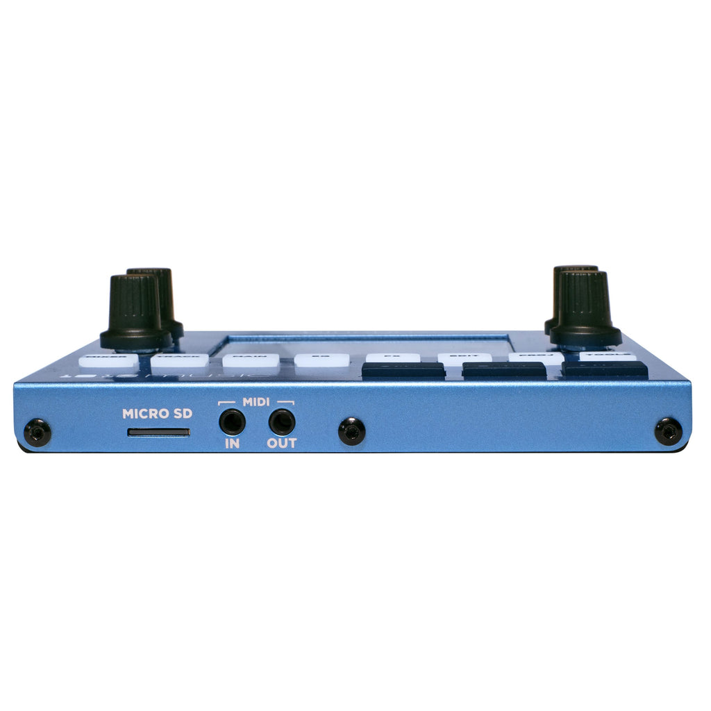 Bluebox digital mixer by 1010music featuring multiple knobs, sliders, and input/output ports in a compact design.