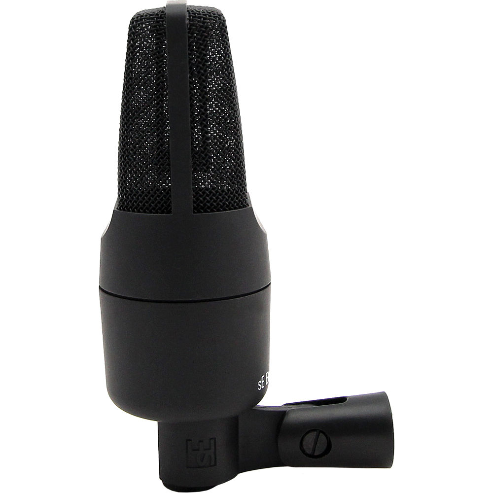 sE Electronics X1 R ribbon microphone shown on a stand, featuring a sleek black design ideal for studio recording.