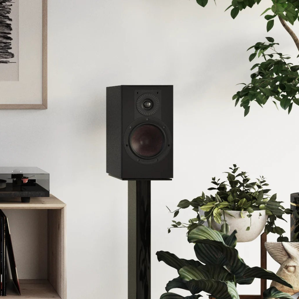 DALI Opticon 1 MK2 passive bookshelf speakers with black wood finish and compact design, ideal for home audio systems