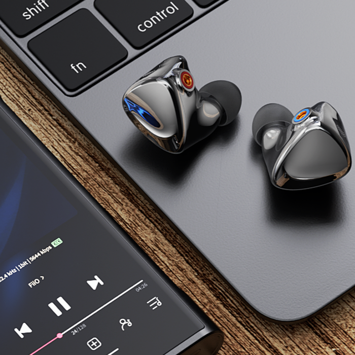 FiiO FX17 in-ear headphones with black and silver design, featuring multiple ear tips and inline remote for high-quality audio.