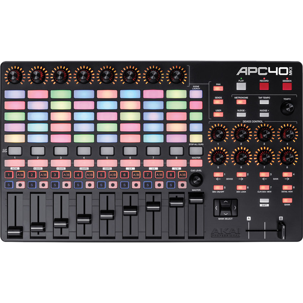Akai Professional APC 40 MK2 DAW controller with multiple knobs, pads, and faders for music production and live performance.