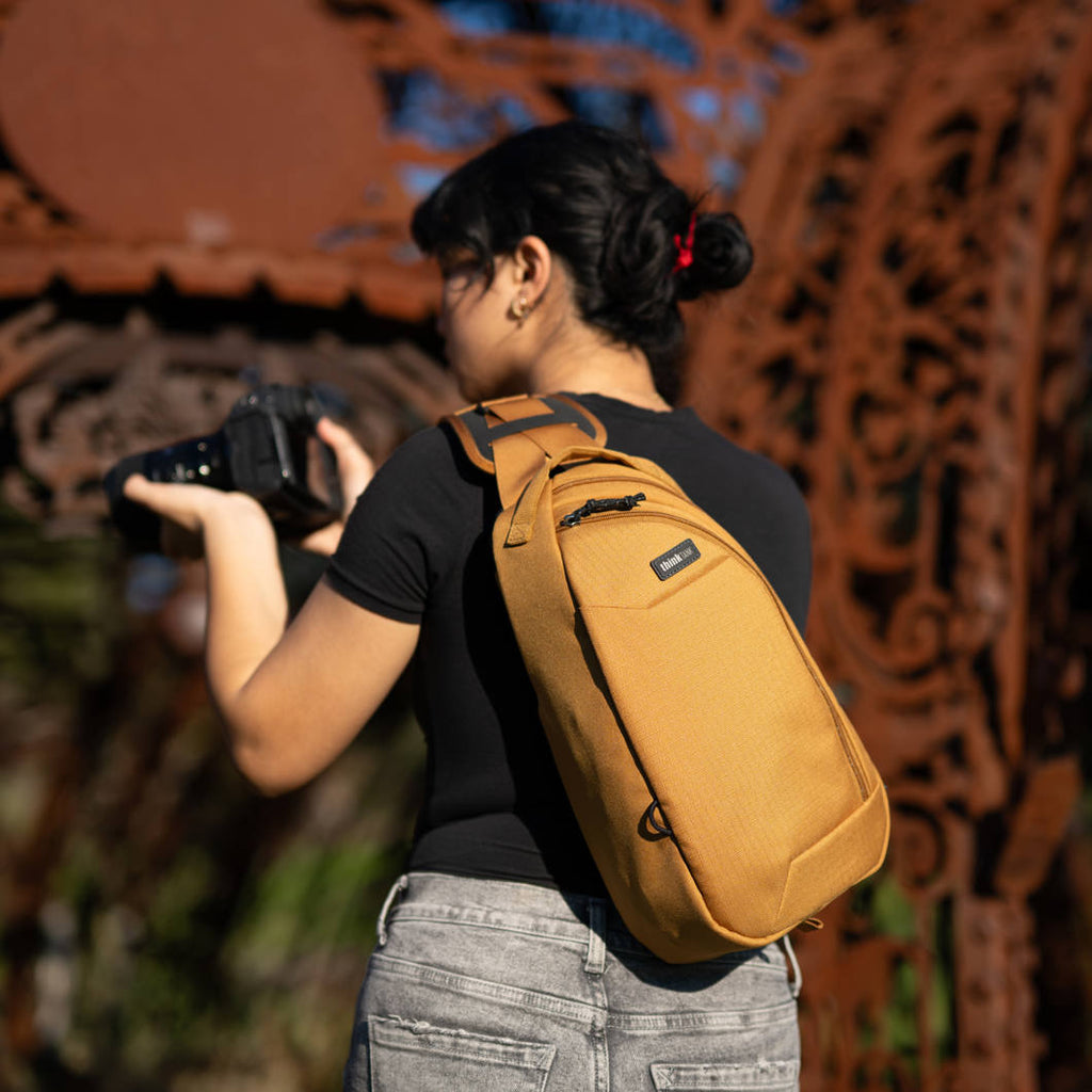 Think Tank TurnStyle video equipment bag with adjustable strap and multiple compartments for camera gear and accessories.