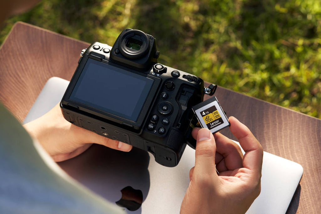 Lexar CFexpress 4.0 Pro Gold memory card showing high-speed write and read labels, designed for professional photography accessories.