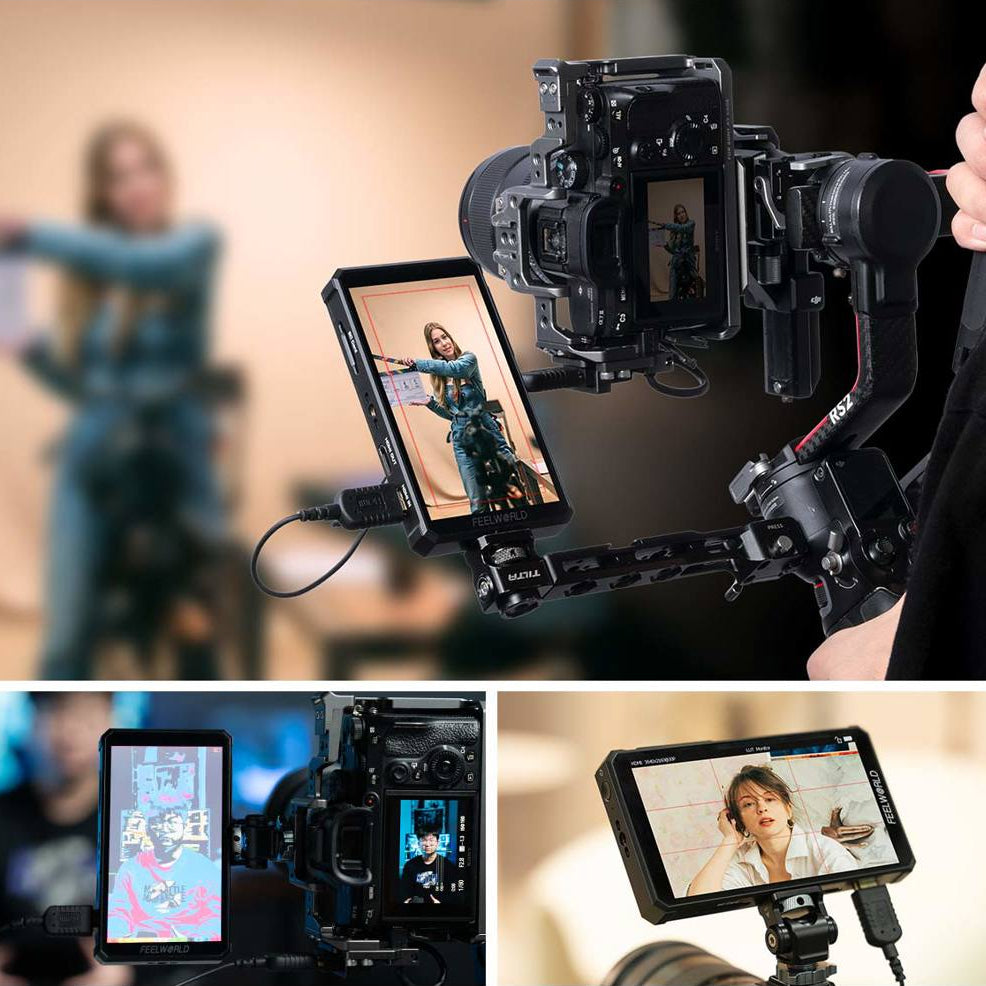 Feelworld PS6 5.5-inch AMOLED camera field video monitor showing screen display with control buttons and adjustable settings.
