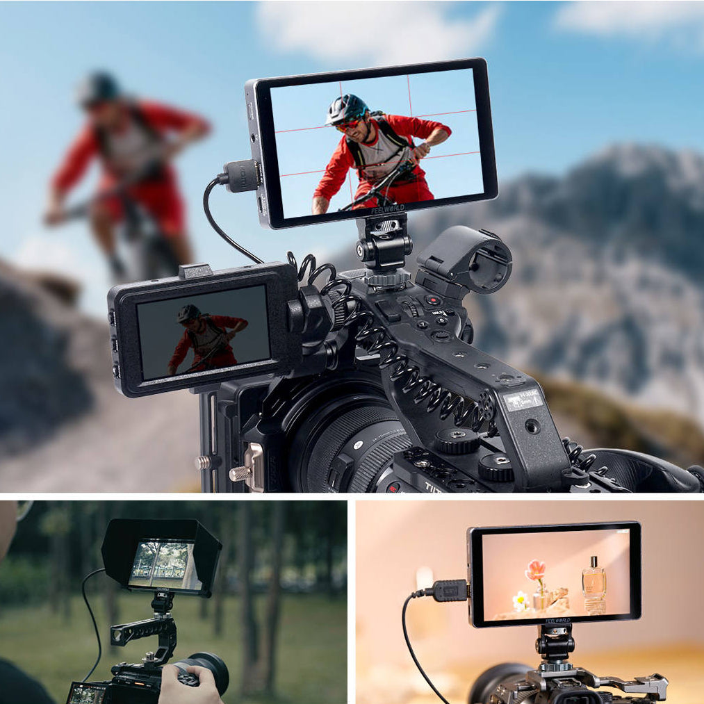 Feelworld P6XL 6-inch camera field monitor showing a bright display with control buttons and mounting options for video monitoring.