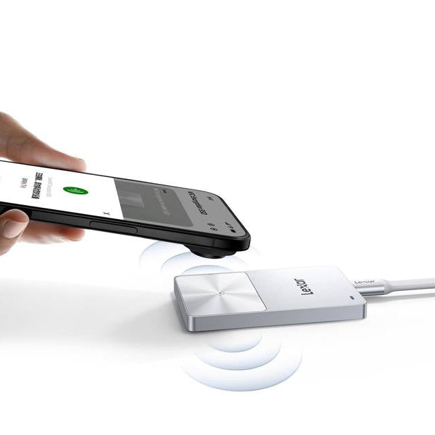 Lexar TouchLock Portable SSD external drive with sleek design and secure fingerprint lock, lying on a wooden surface.