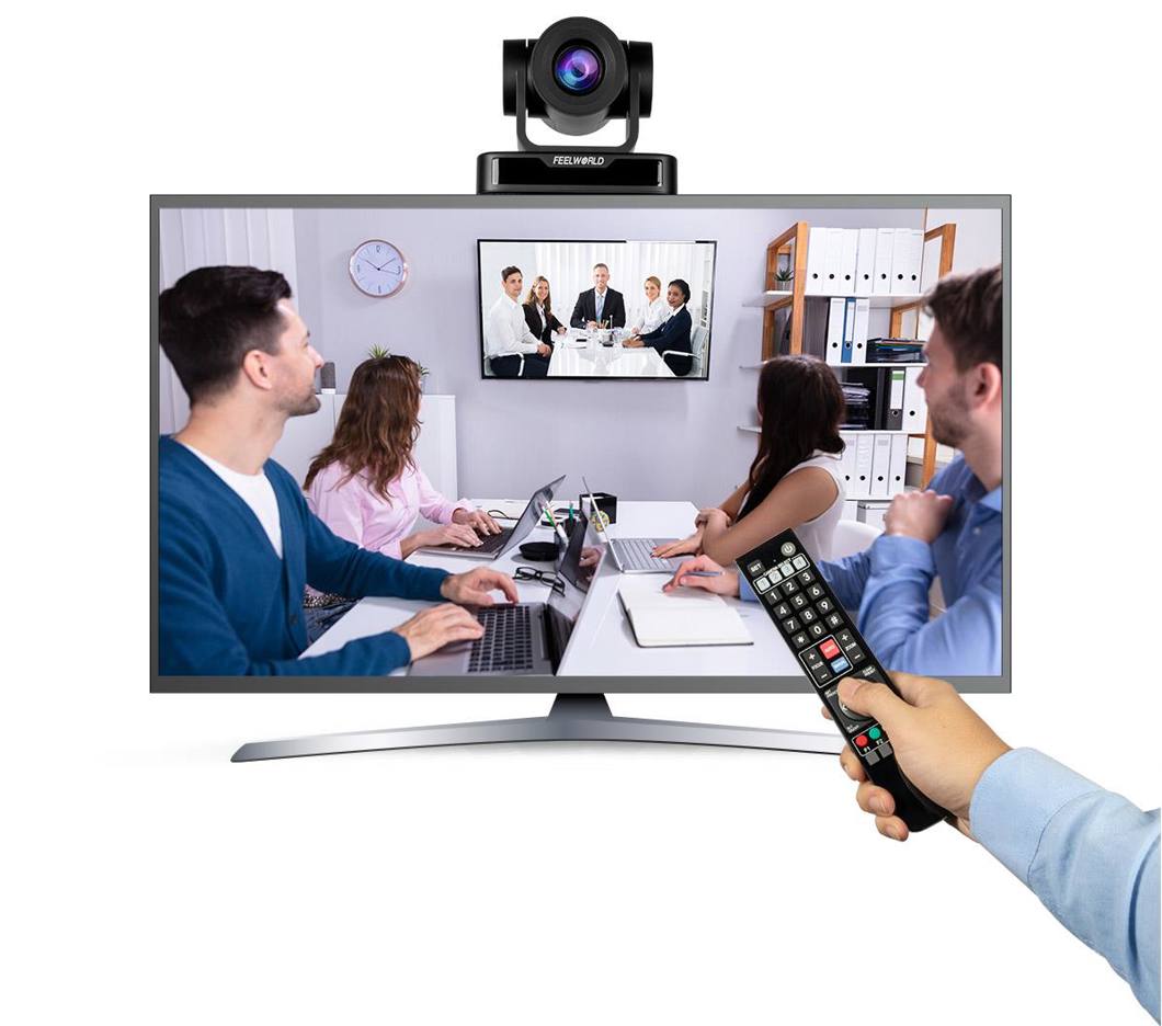 Feelworld PTZ Camera USB10X with 10x optical zoom, 1080p resolution, suitable for streaming, featuring a sleek design and USB 2.0 connection.