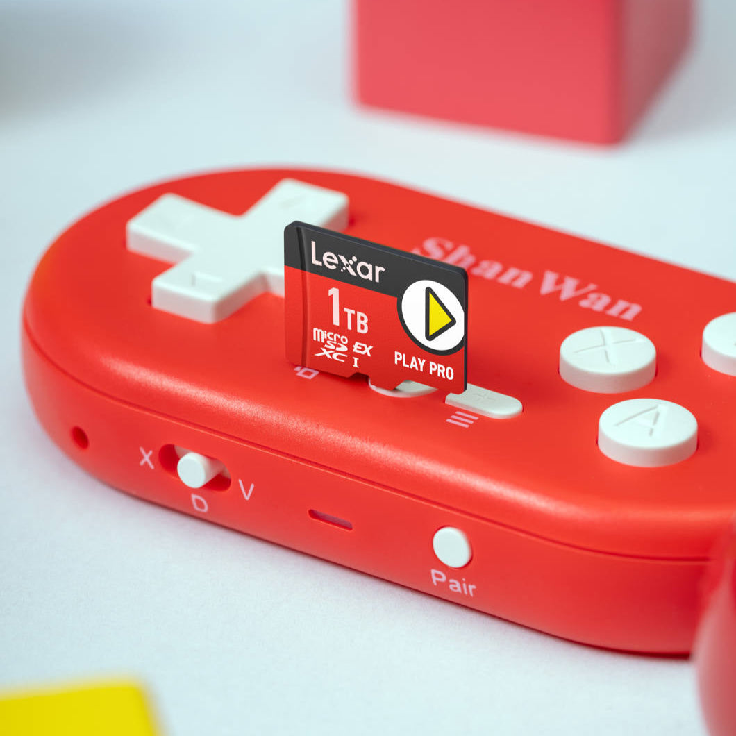Lexar PLAY PRO microSDXC Express Memory Card showing its packaging and microSD card design for high-speed storage.