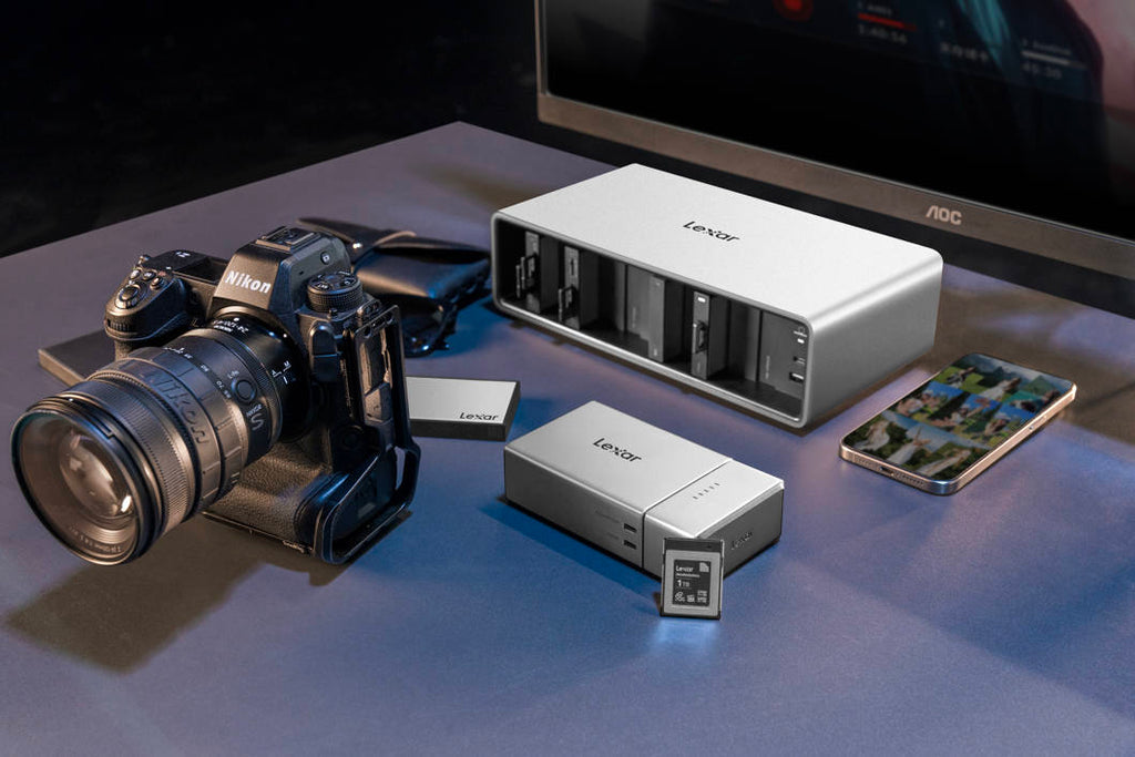 Lexar Workflow Go docking station with Thunderbolt 4 uplink and six-module bay for professional data transfer and connectivity.