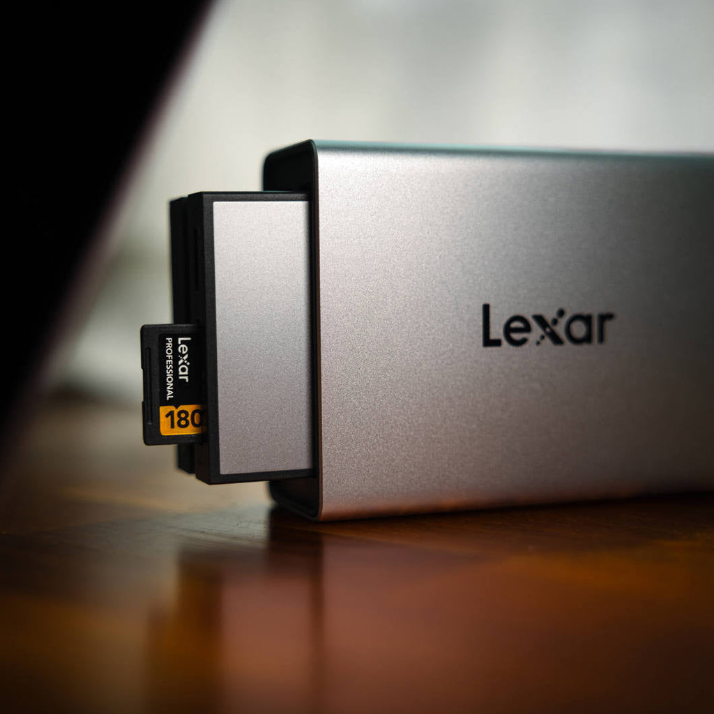 Lexar Workflow Go docking station with dual module bay, USB hub and multiple ports for data transfer and device connectivity.