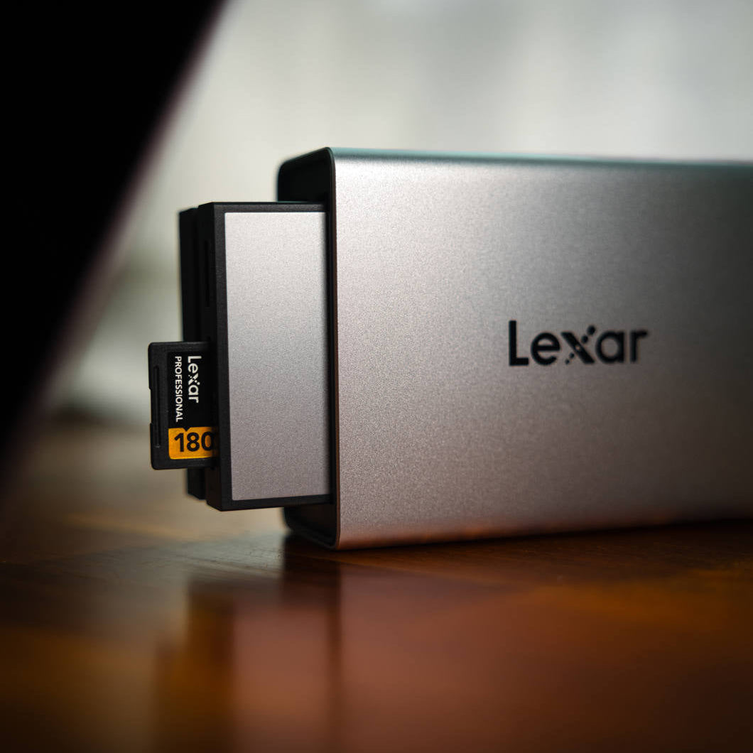Lexar Workflow Go docking station with dual module bay, USB hub and multiple ports for data transfer and device connectivity.