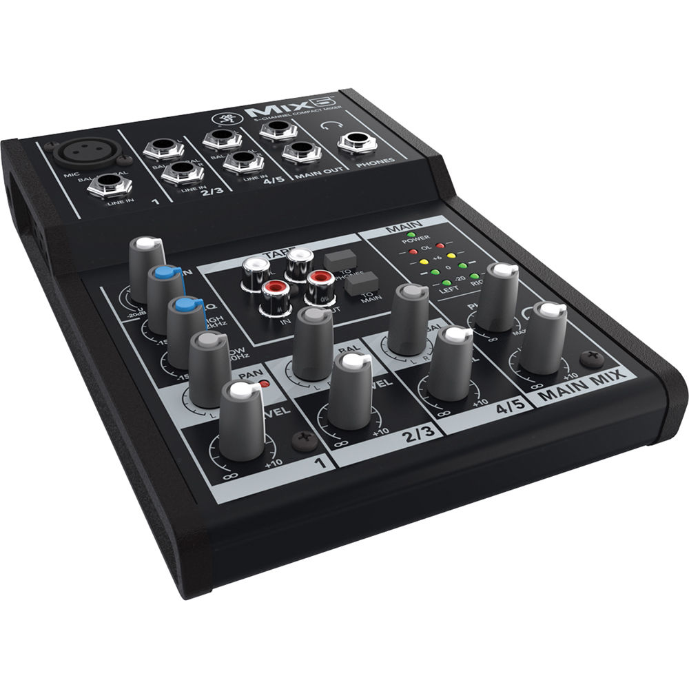 Mackie Mix5 analog mixer with multiple input channels, knobs, and sliders for audio control and mixing.