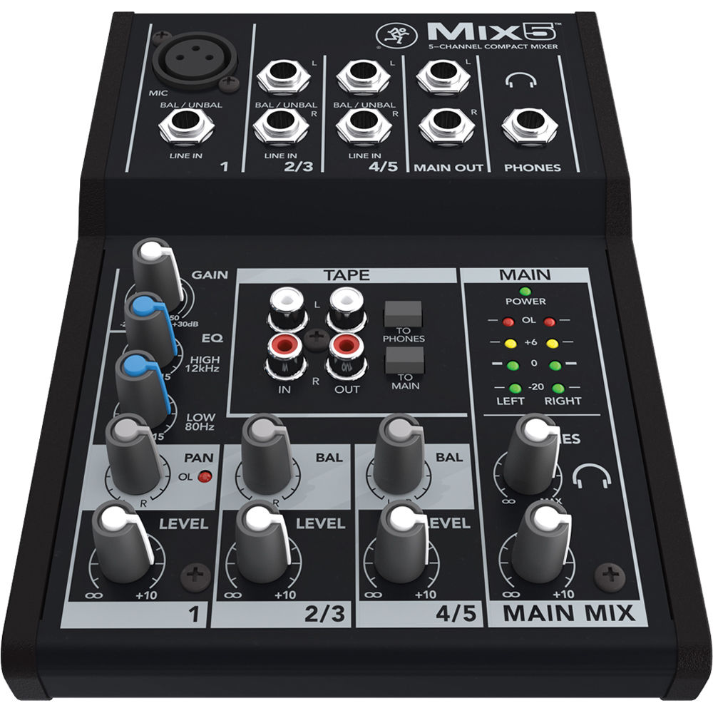 Mackie Mix5 analog mixer with multiple input channels, knobs, and controls for audio mixing and sound management.