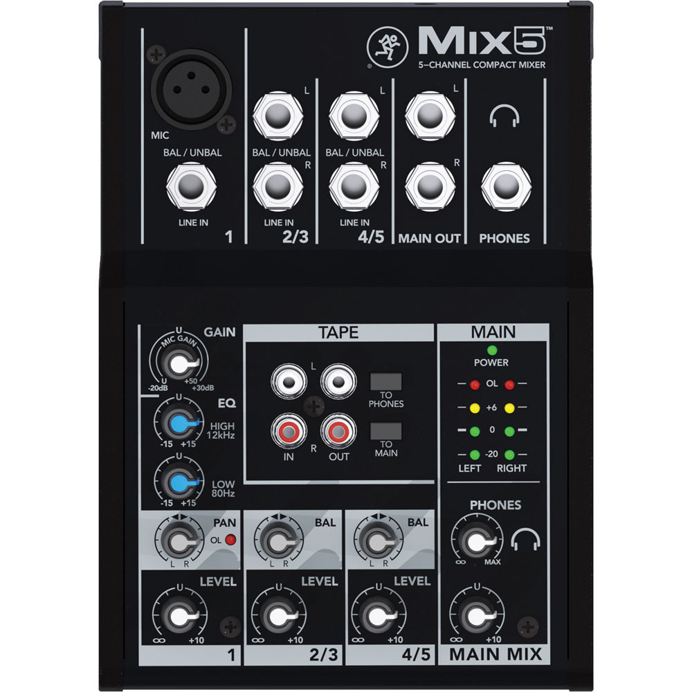 Mackie Mix5 analog mixer with multiple input channels, knobs, and faders, designed for audio mixing and sound control.