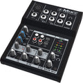 Mackie Mix5 analog mixer with multiple input channels and control knobs, compact audio mixing device.