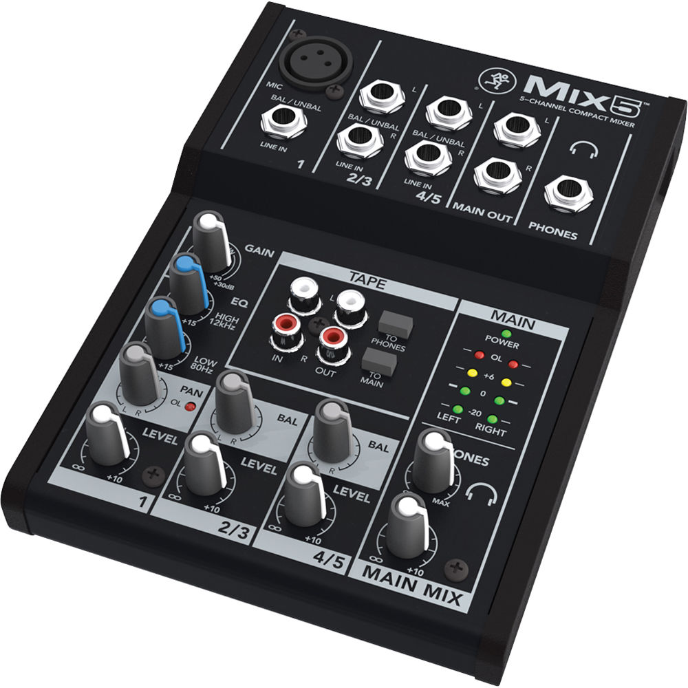 Mackie Mix5 analog mixer with multiple input channels and control knobs, compact audio mixing device.