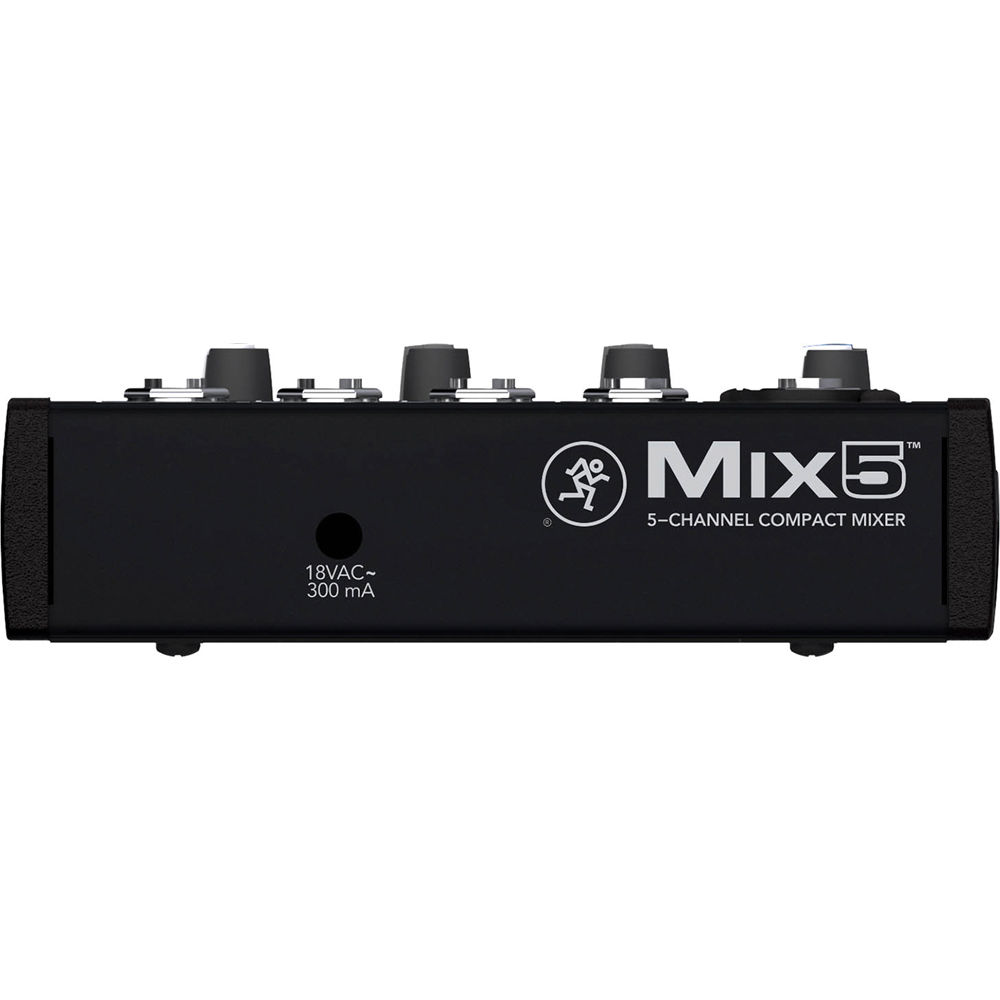 Mackie Mix5 analog mixer with multiple input channels, knobs, and audio controls, shown with connected cables and controls.