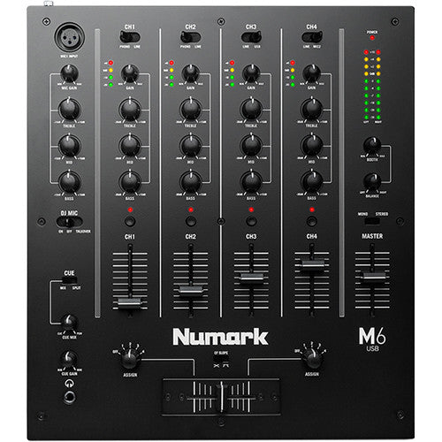 Black Numark M6 USB DJ mixer with multiple control knobs and input ports, designed for professional DJ setups.