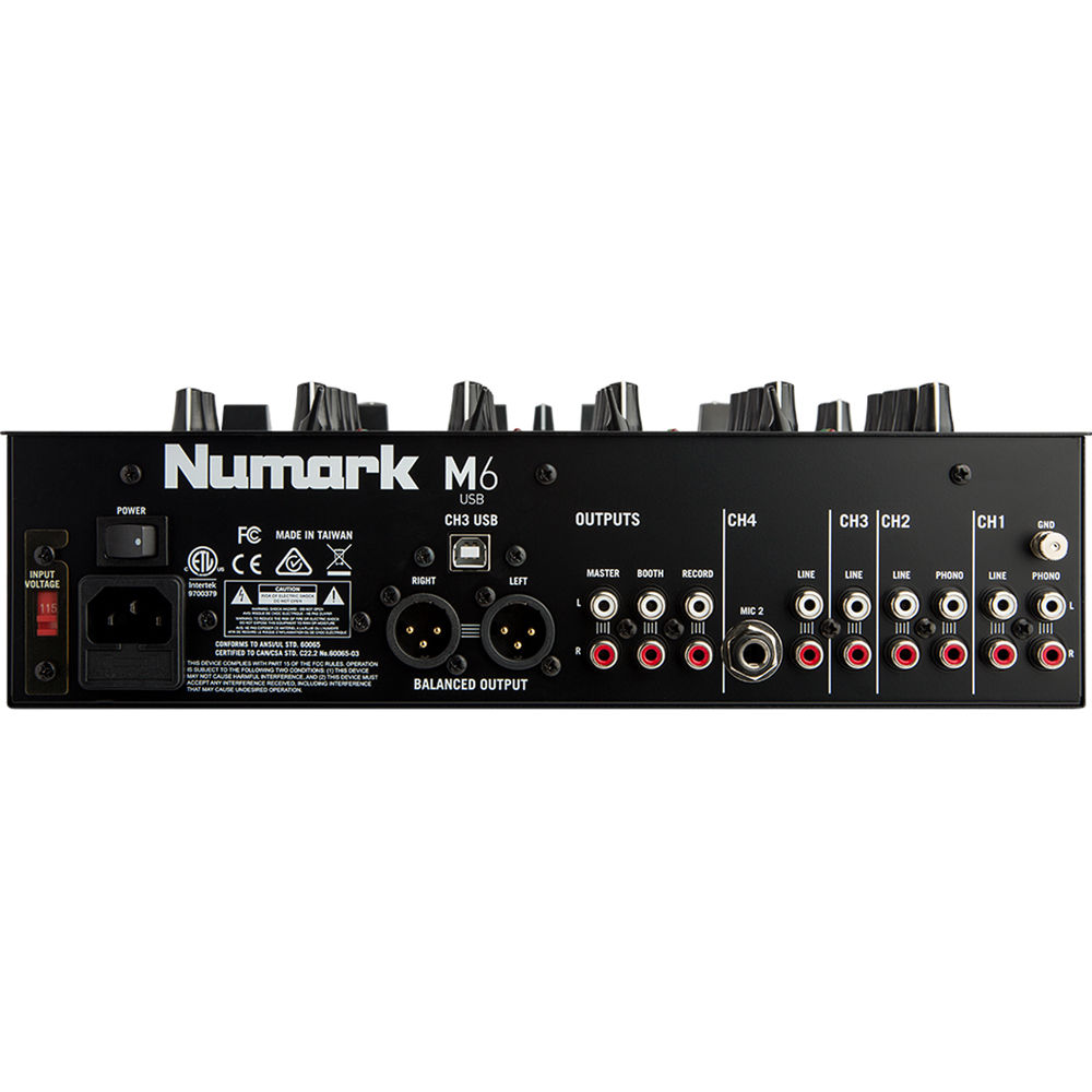 Black Numark M6 USB DJ mixer with multiple input channels and control knobs, designed for professional DJ setups.