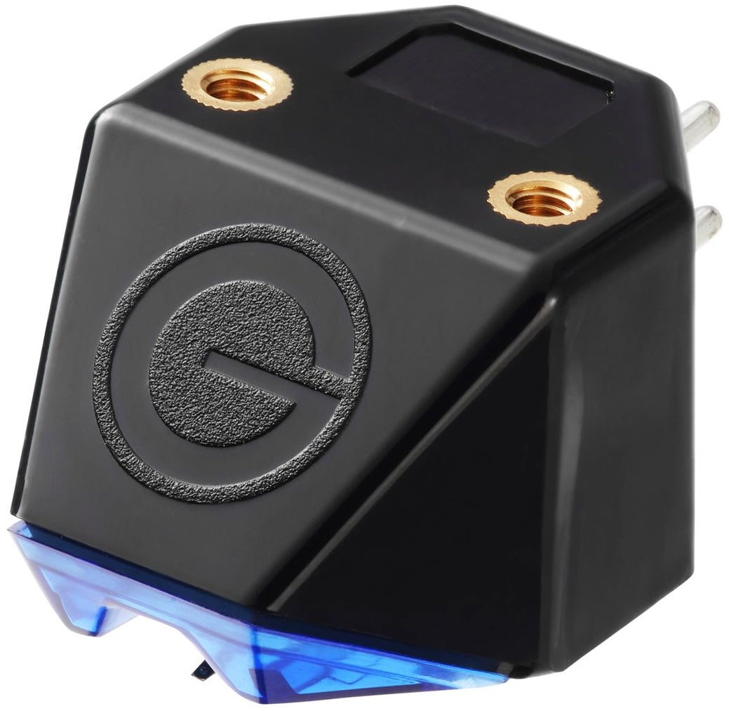 Goldring E4 turntable cartridge with gold-plated stylus for high-quality vinyl playback, shown from the side with detailed components.