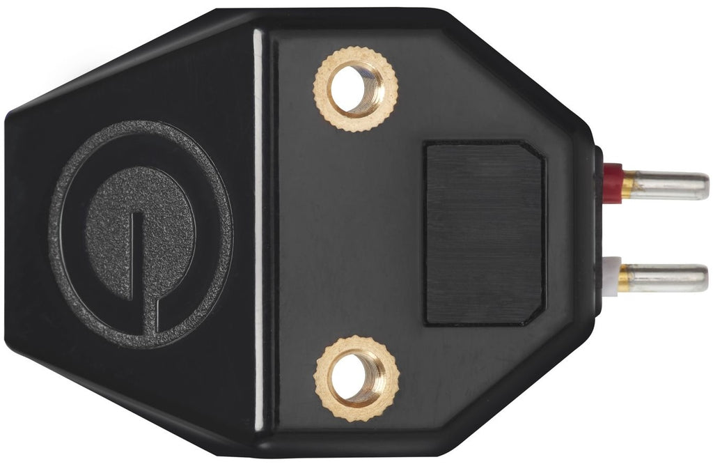 Goldring E4 turntable cartridge mounted on a turntable, showcasing its gold-colored stylus and cartridge body for high-quality vinyl playback.