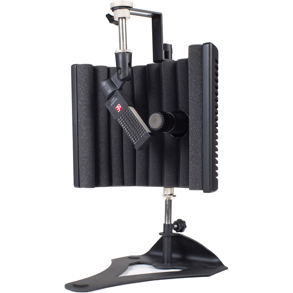 SE Electronics guitaRF reflection filter for guitar recording, shown attached to microphone stand with adjustable arms.