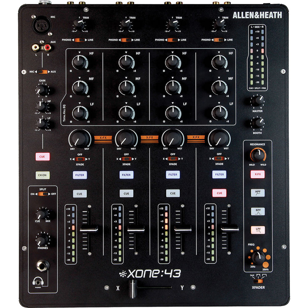Allen & Heath Xone:43 DJ mixer featuring multiple channels and a sleek design, ideal for professional mixing setups.