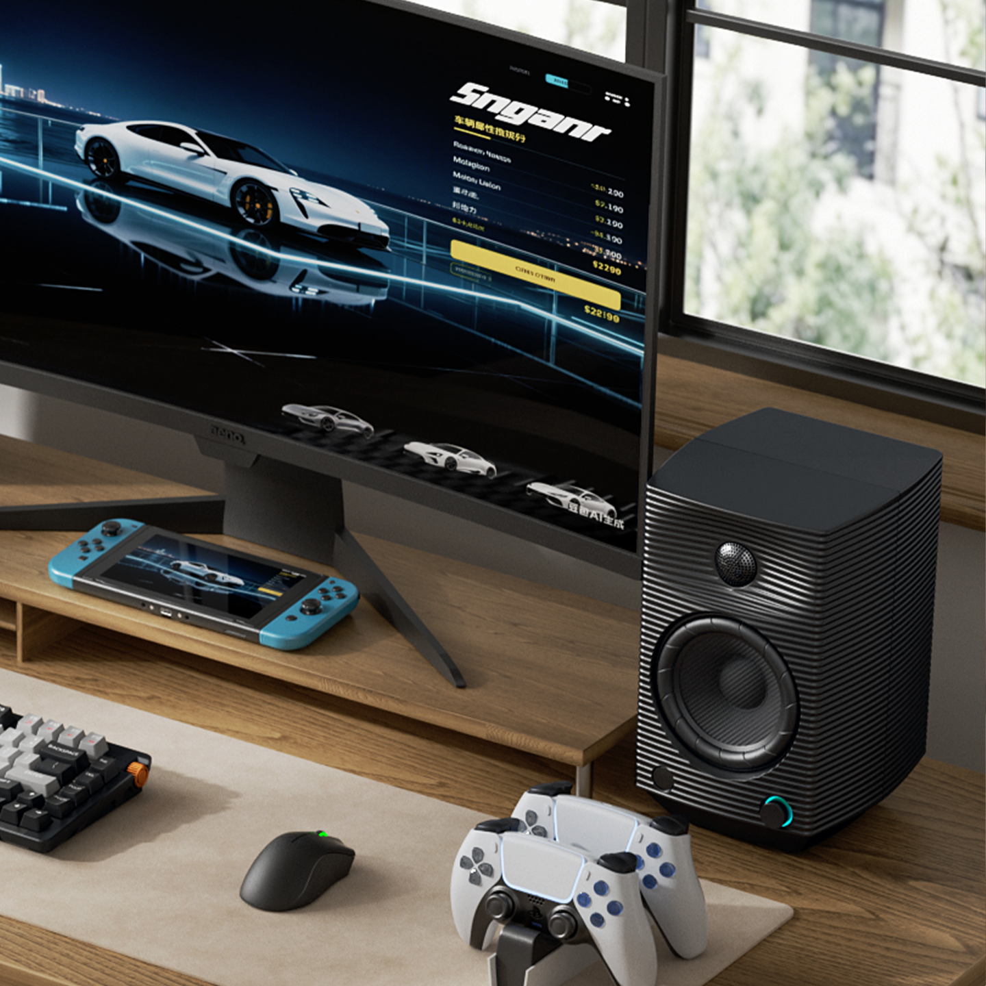 FiiO SP5 desktop speakers with sleek black design and compact shape, ideal for high-quality audio playback.
