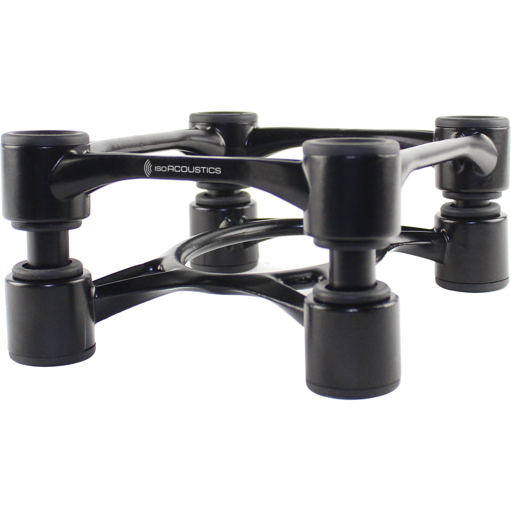 IsoAcoustics Aperta studio monitor stands with sleek black design, supporting speakers for optimal audio performance.
