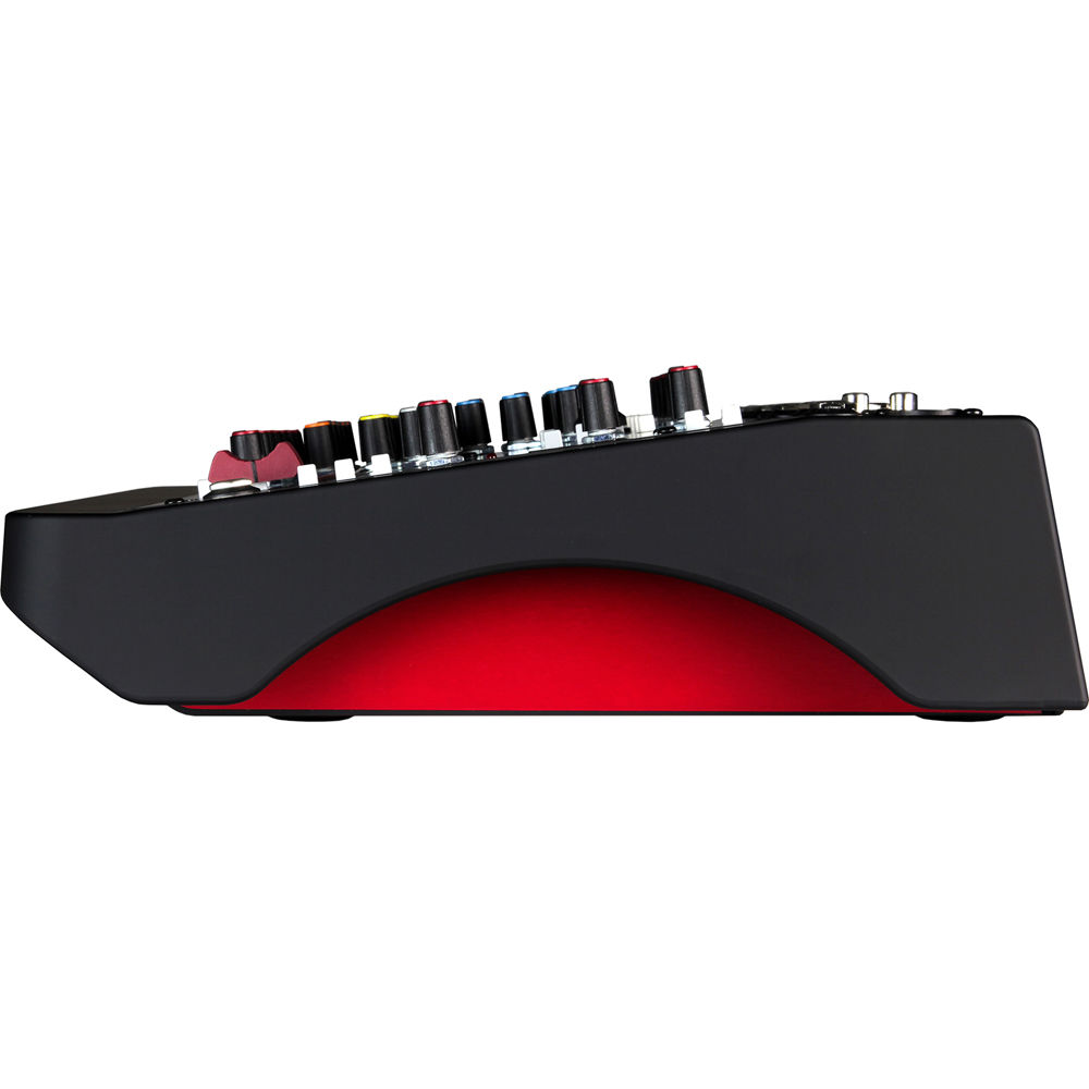 Allen & Heath ZEDi-10FX analog mixer with multiple input channels, knobs, and built-in effects in a compact design.