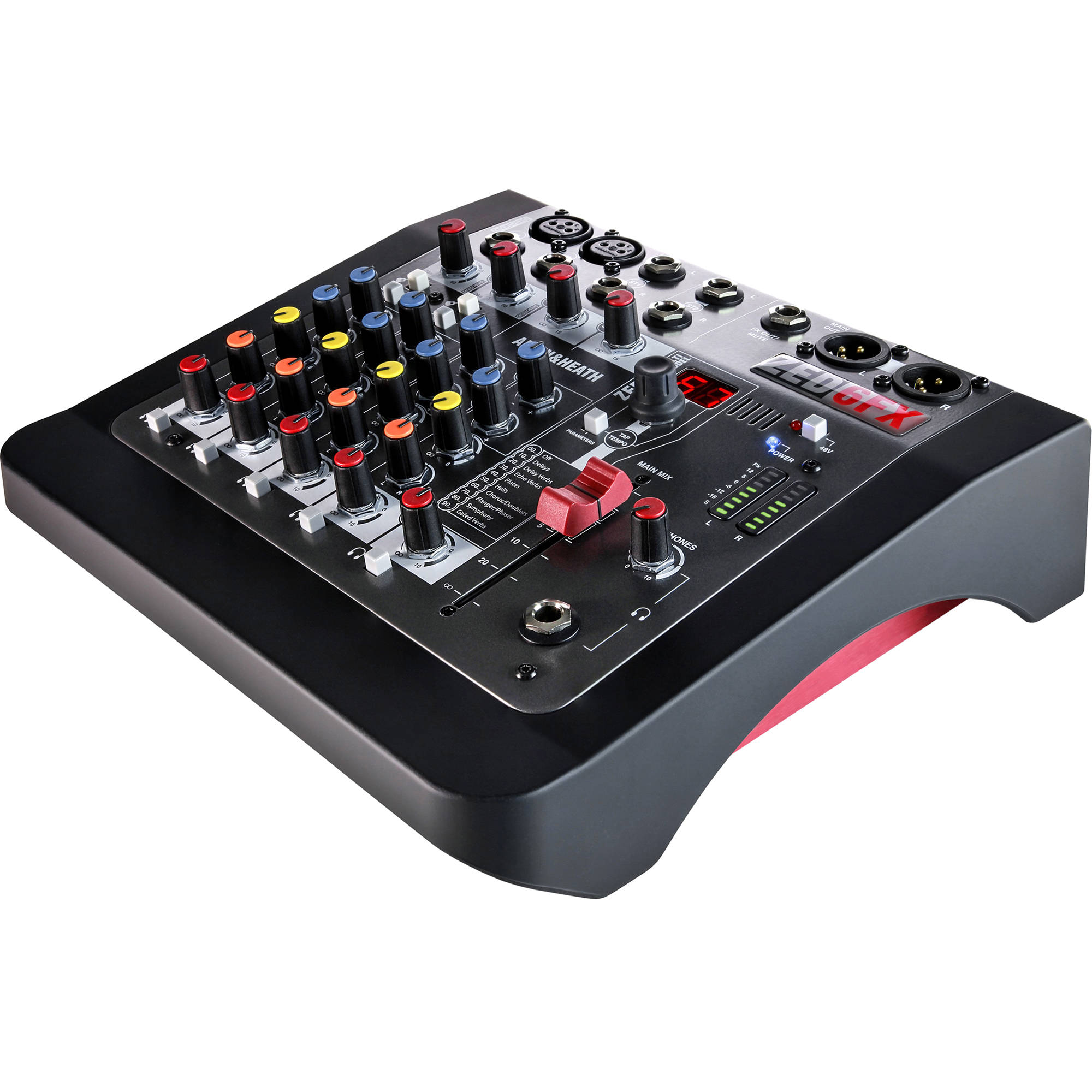 Allen & Heath ZED-6FX analog mixer with multiple input channels, EQ controls, and built-in effects for live sound and recording.