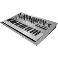 Korg Minilogue synthesizer with black control panel, knobs, and keyboard, showing front view of this compact analog synth.