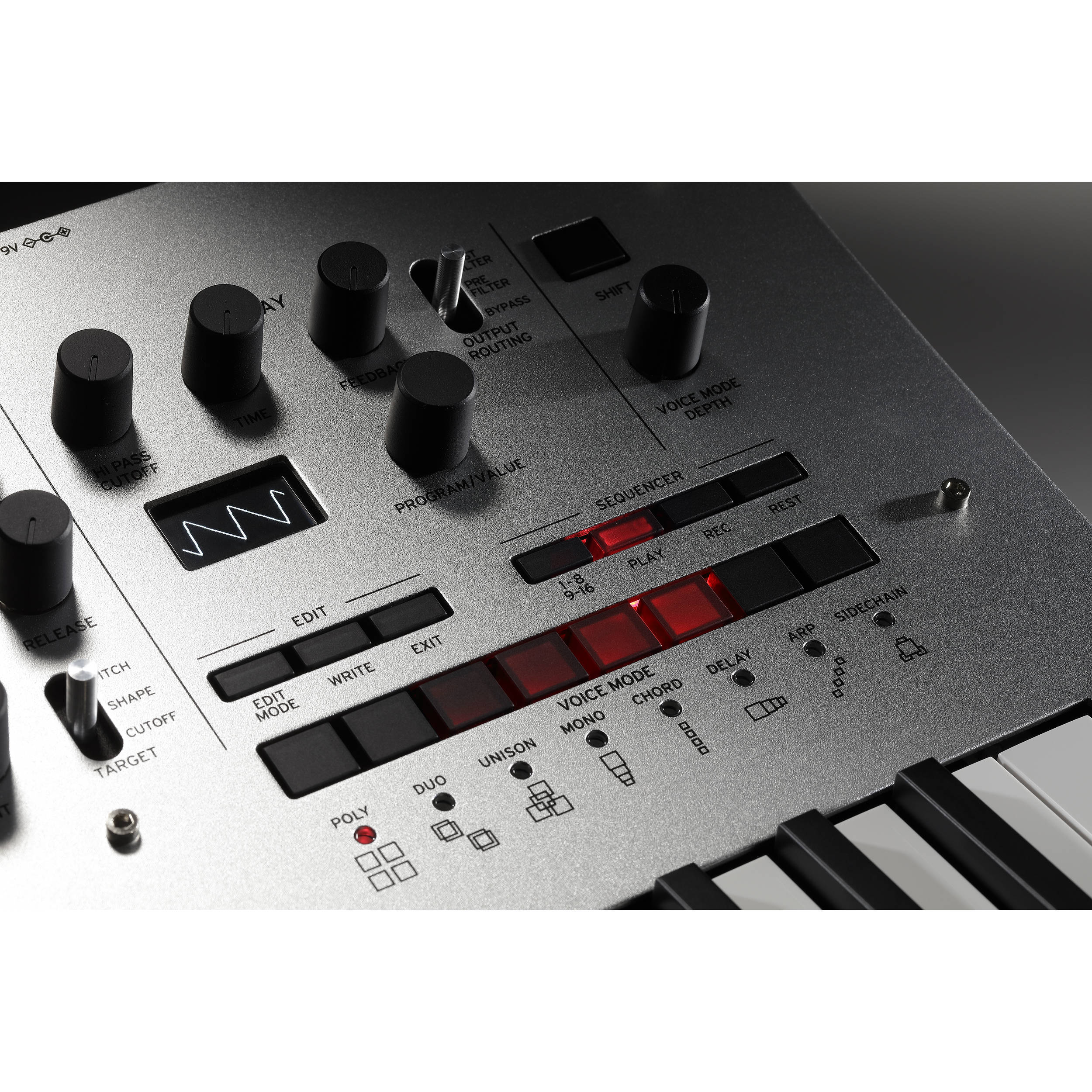 Korg Minilogue synthesizer with knobs and controls, compact electronic music instrument for sound creation and modulation.