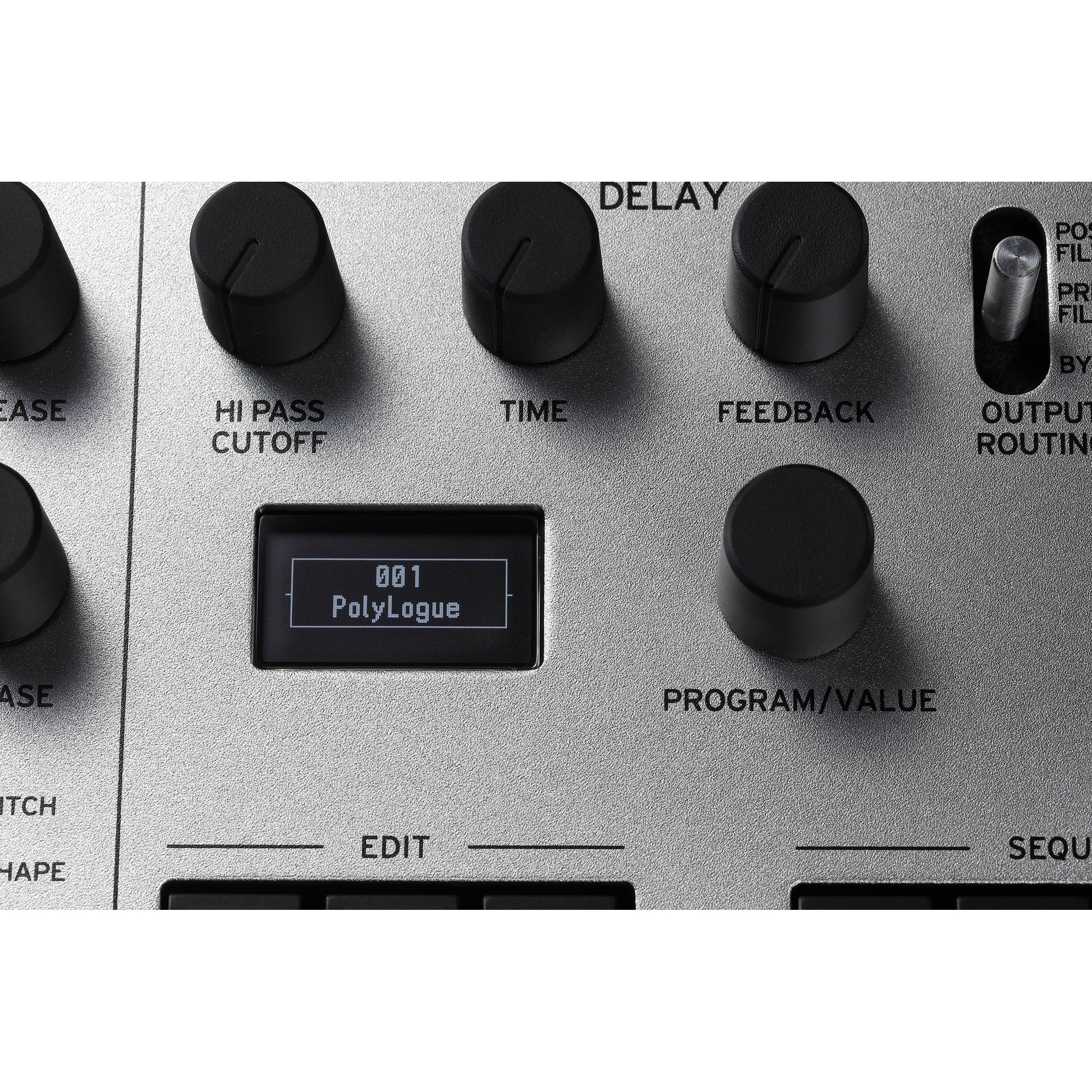 Korg Minilogue synthesizer with knobs and controls, compact digital keyboard for music production and sound creation.