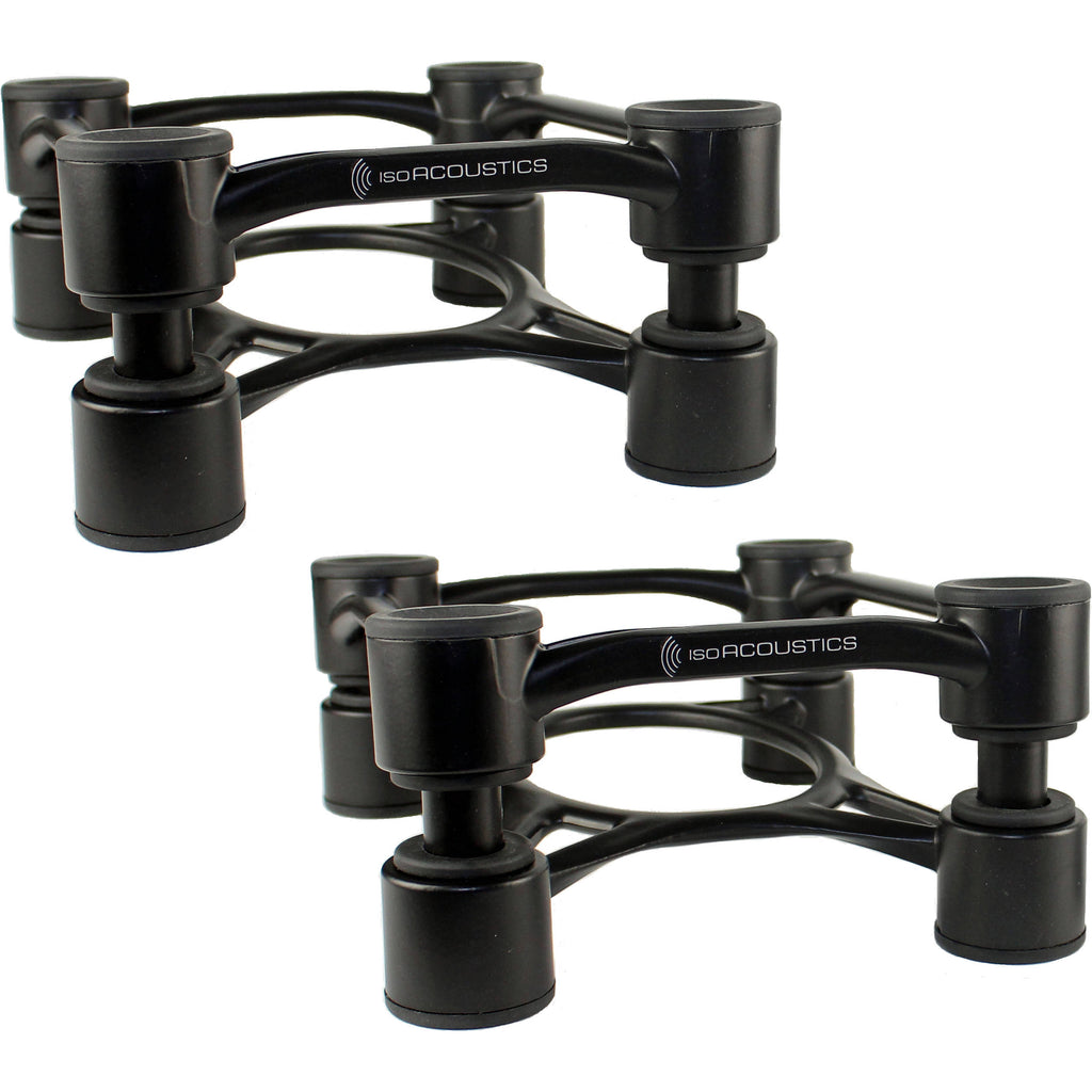 IsoAcoustics Aperta200 studio monitor stands with sleek design and adjustable height for optimal speaker positioning.