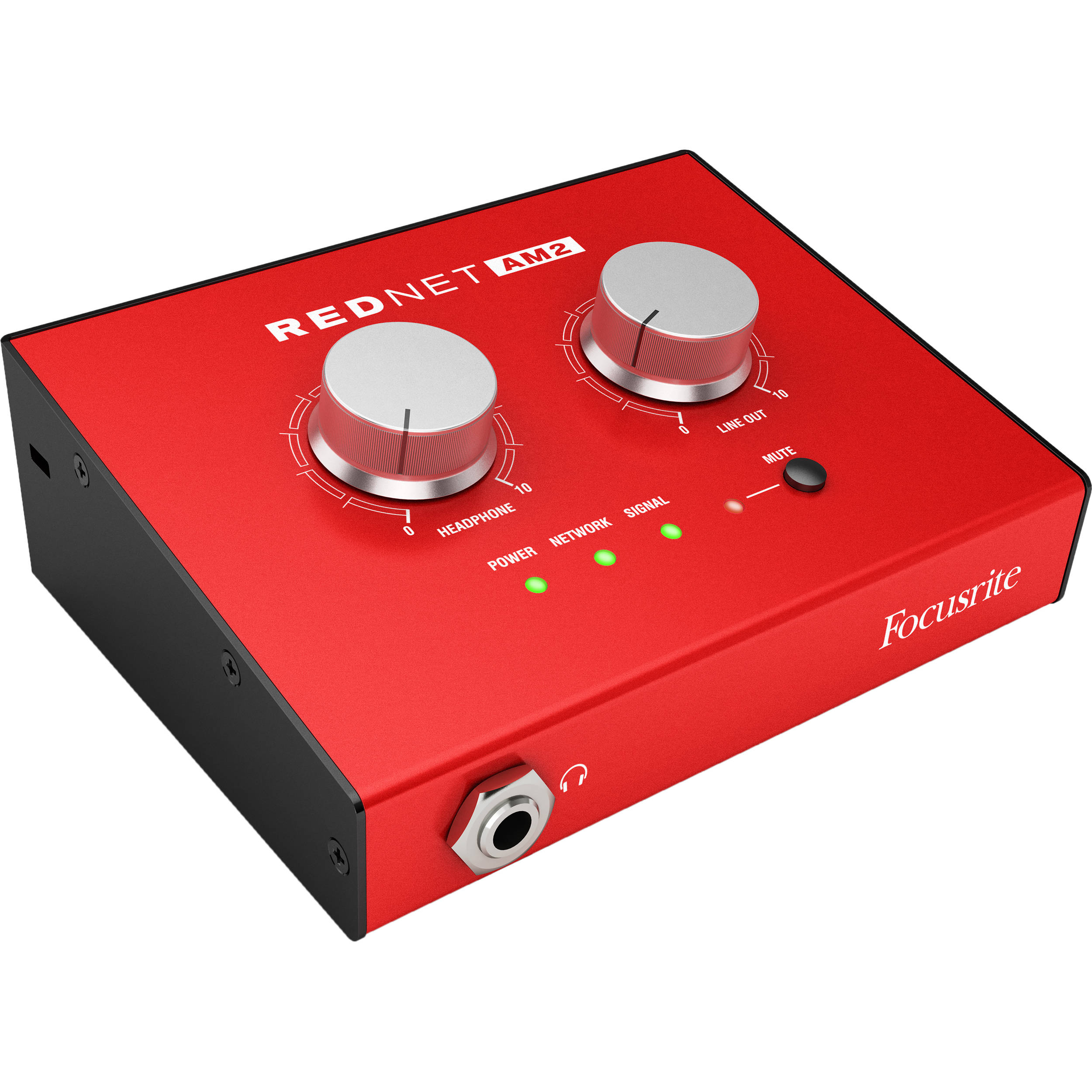 Focusrite RedNet AM2 studio monitor controller with sleek design, multiple input options, and professional audio control interface.