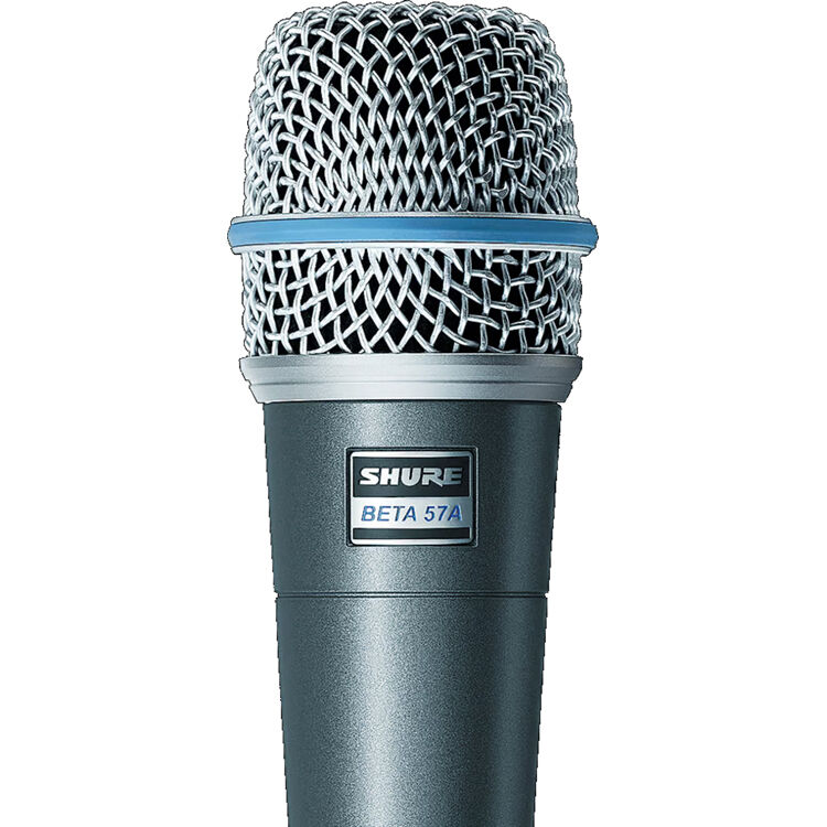 Shure Beta 57A dynamic microphone with professional-grade metal grille and black body for vocals and instrument amplification