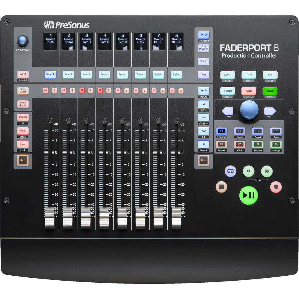 Presonus Faderport 8 DAW controller featuring eight faders and a sleek design for music production.