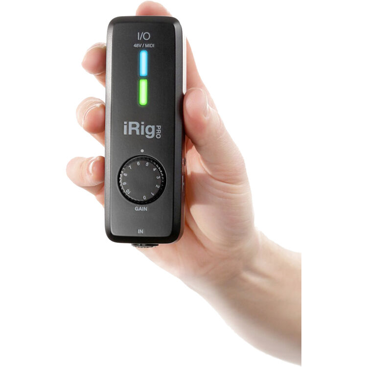 IK Multimedia iRig Pro I/O audio interface with combo input, gain controls, and digital connections for mobile and studio recording.