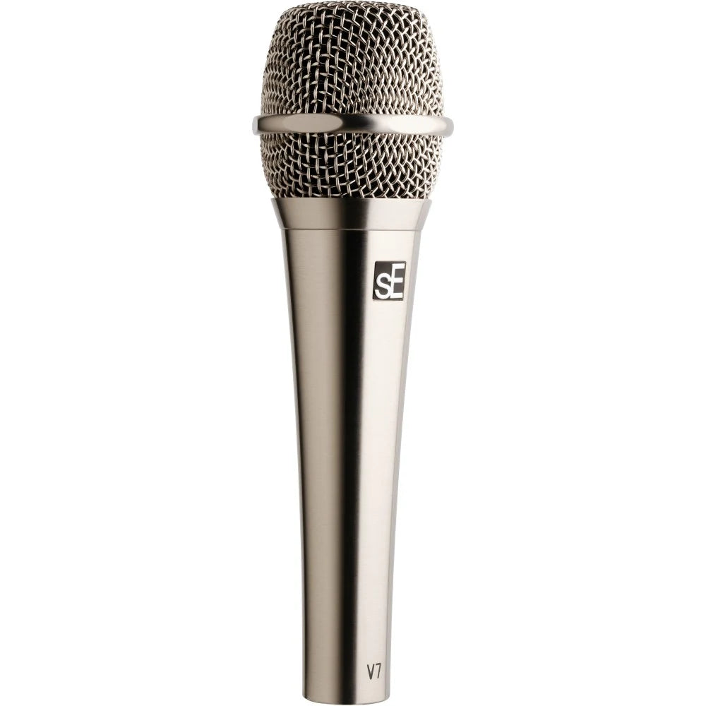 SE Electronics V7 dynamic microphone without switch, professional audio microphone for vocals and instruments, black metal body.