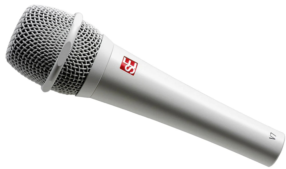 sE Electronics V7 dynamic microphone without switch, showing the black handheld microphone with grille and branding.