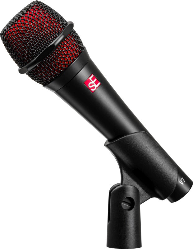 sE Electronics V7 dynamic microphone without switch, showing the black handheld microphone with metal grille and body.