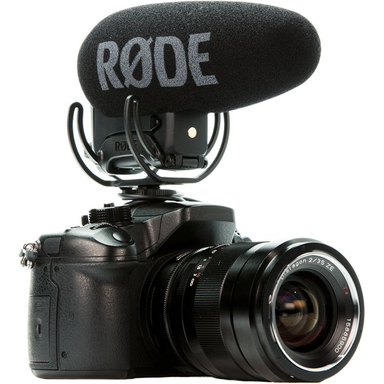 Rode VideoMic Pro+ camera microphone mounted on a camera, capturing audio for professional video recording.