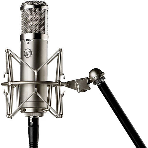 Warm Audio WA-47jr condenser microphone with silver body and vintage-inspired design, shown on a stand with cables.