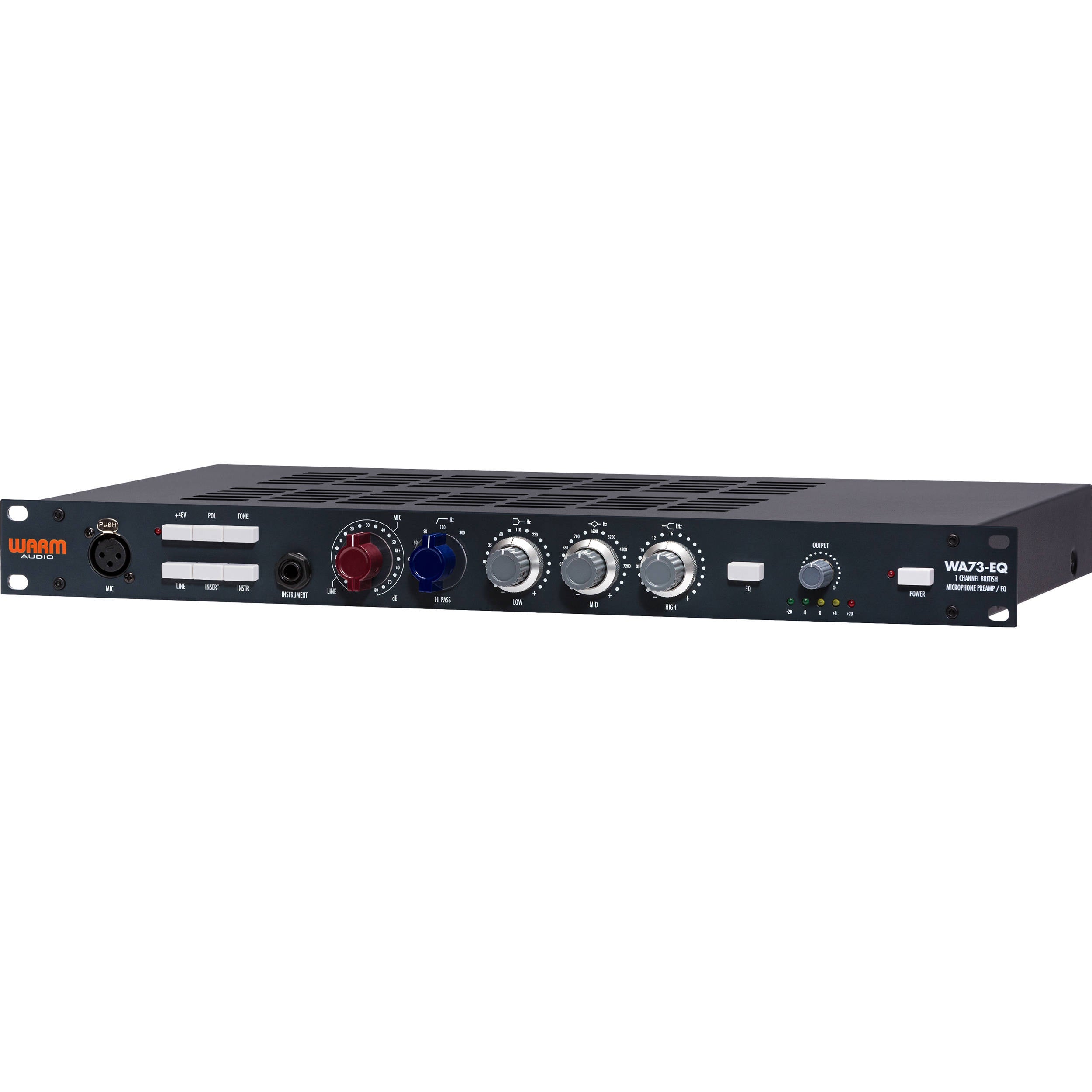 Warm Audio WA73-EQ microphone preamp with vintage-style controls and connectors, shown in a close-up image.
