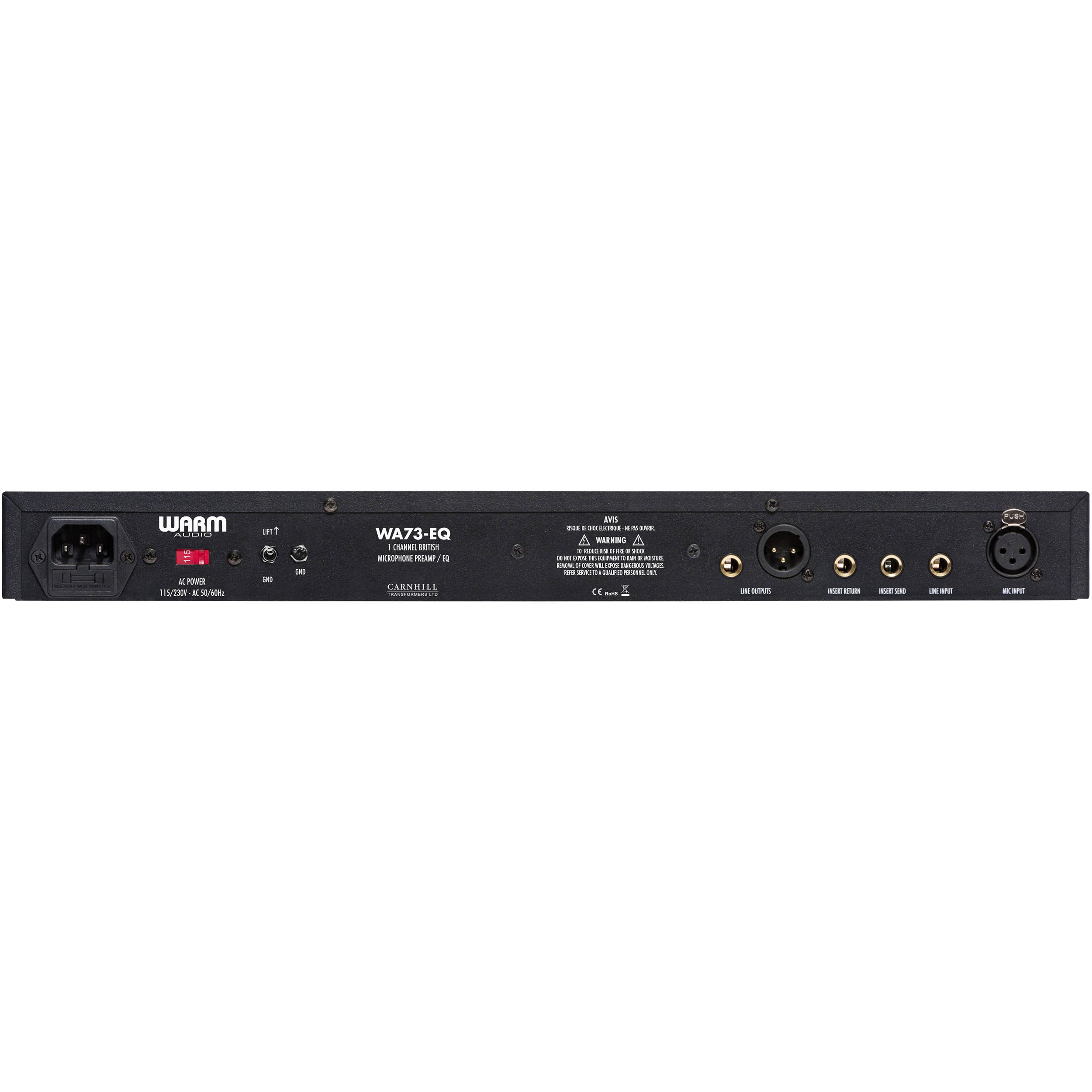 Warm Audio WA73-EQ microphone preamp with vintage-style controls and input connections visible in the image.