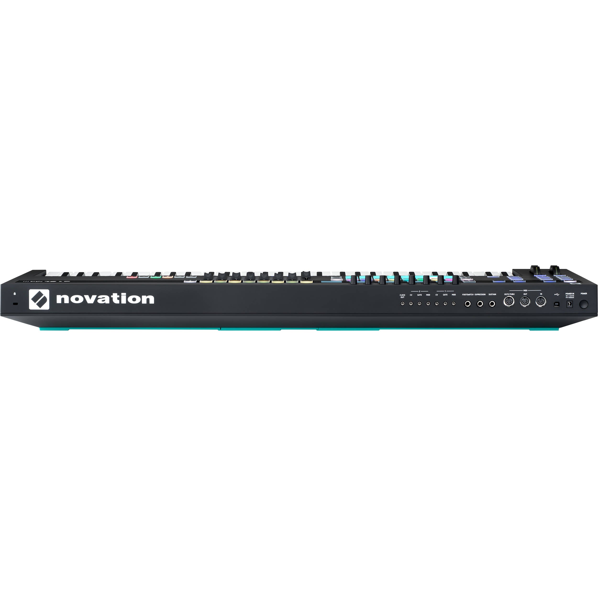 Novation 61SL MK3 MIDI keyboard with 61 keys, control knobs, and pitch/mod wheels, used for music production and performance.