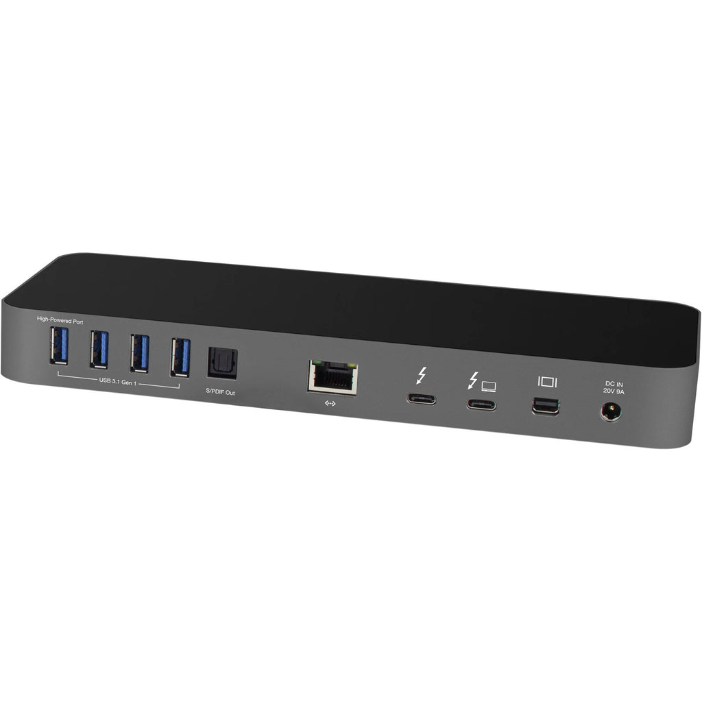OWC Thunderbolt Dock with 14 ports and multiple connection options, showcasing a sleek black device on a white background.