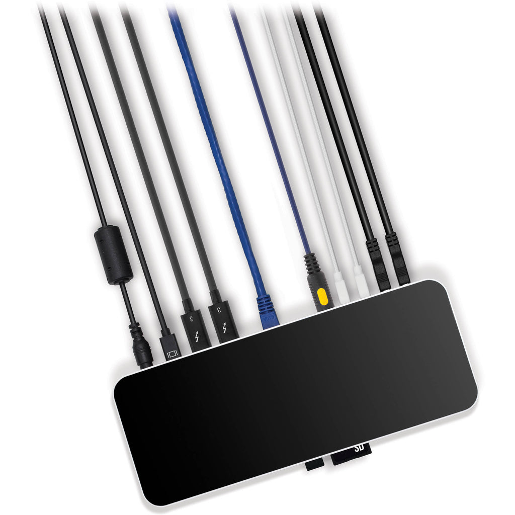 OWC Thunderbolt 14-Port Dock displaying multiple ports, connected to a laptop with cables, showcasing versatile connectivity options.