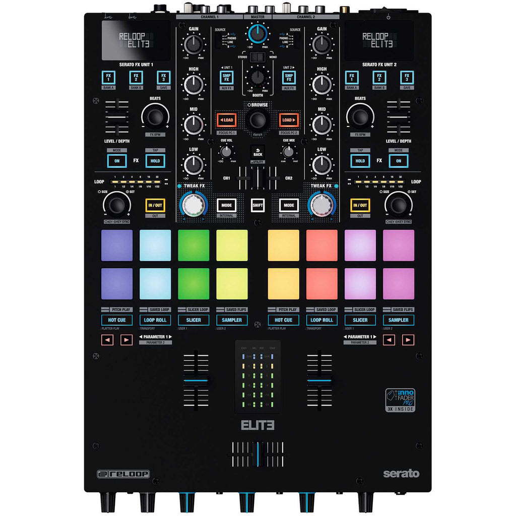 Reloop ELITE DJ mixer with multiple knobs, faders, and input ports, designed for professional DJ mixing and performance.